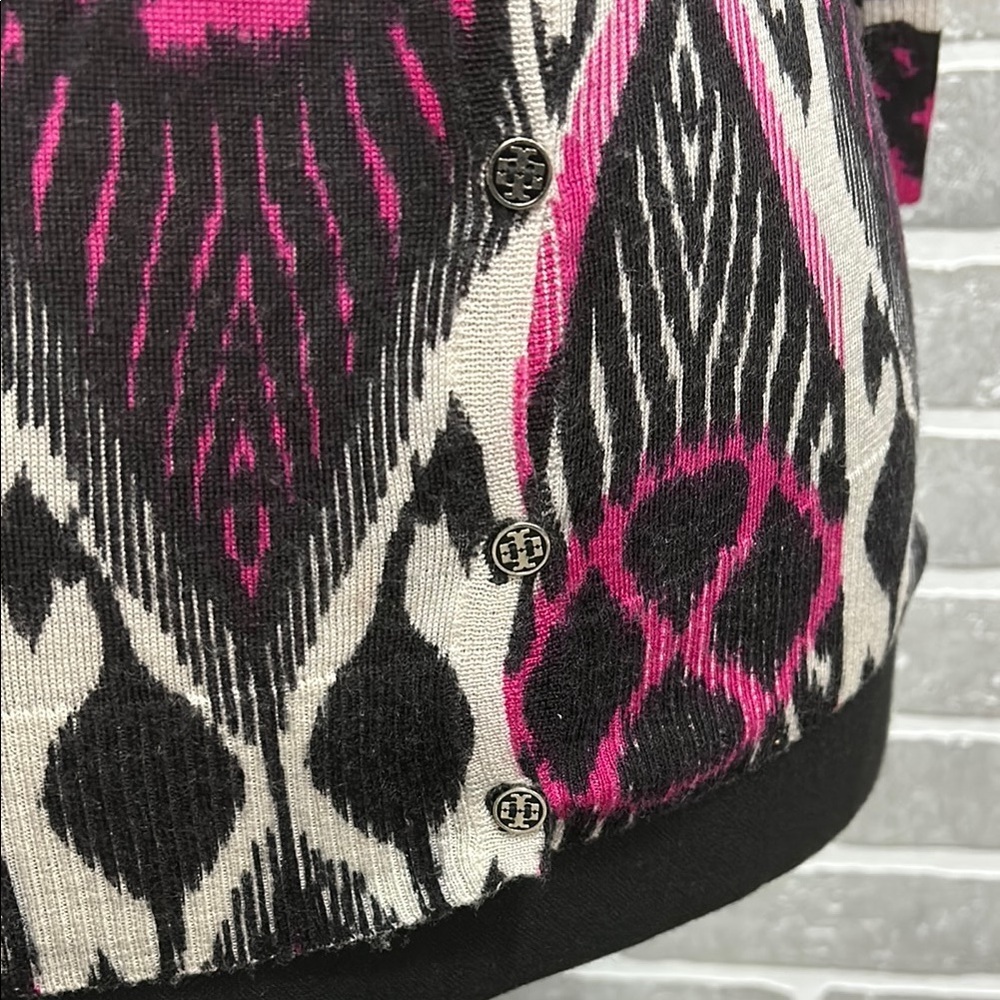Tory Burch Ikat Print Merino Wool Cardigan Sweater Pink Black V Neck Size Small - Picture 5 of 14